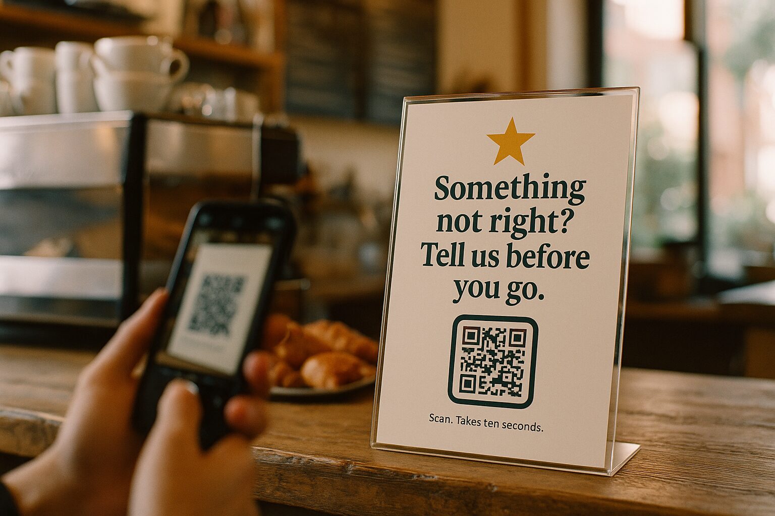 A customer scanning a cafe counter poster that reads “Something not right? Tell us before you go.”