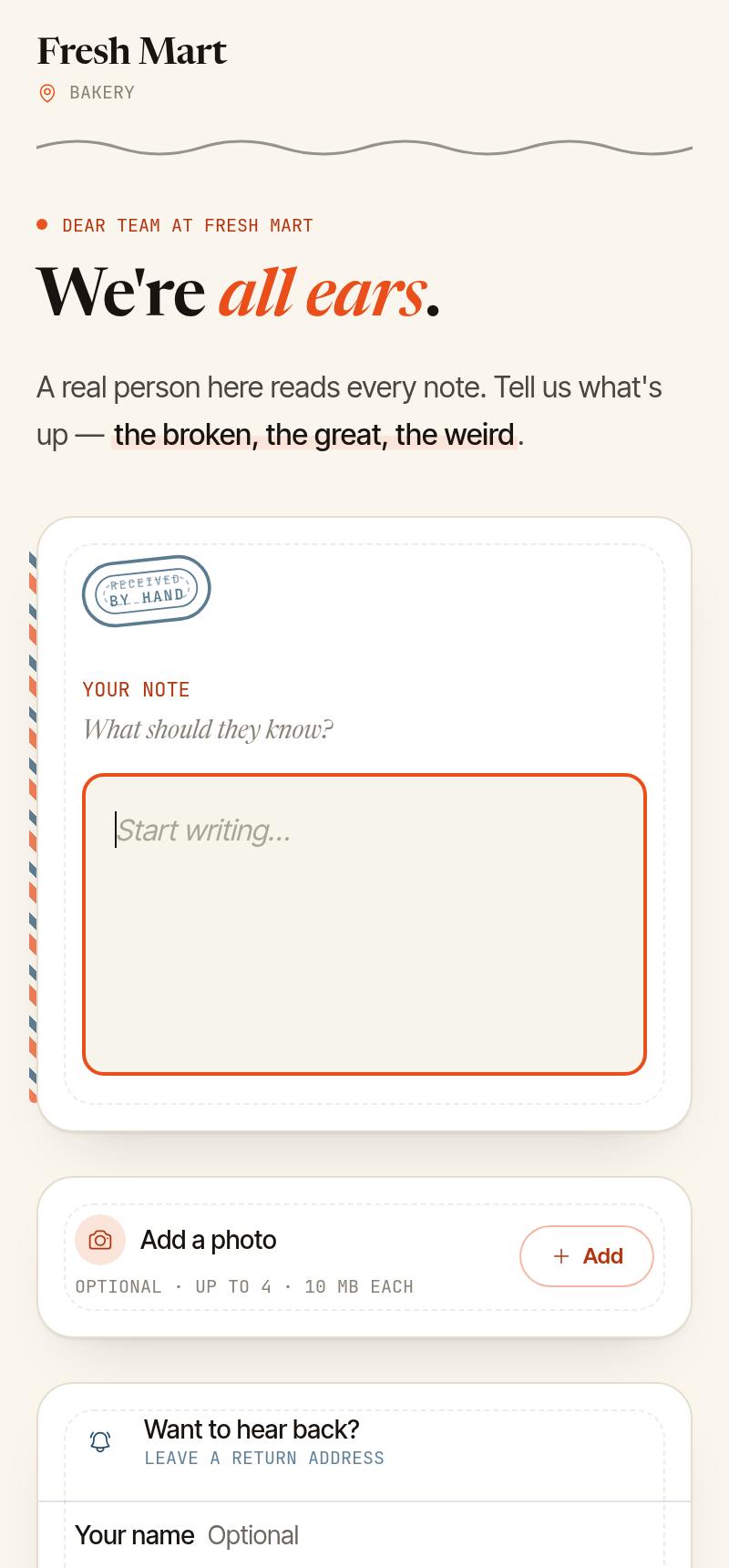 The Fresh Mart reporter form on a phone: “We’re all ears”, a note field and an optional photo.